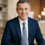 Портрет уверенного бизнесмена компании ОКБ Пеленг на нейтральном фоне в студийном освещении